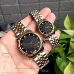 Perfect Replica Movado Black Enamel Diamond Markers Dial Couple Watch